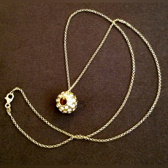 GOLD PLATED 23" .925 STERLING SILVER NECKLACE W/ PAVE CRYSTAL BALL - ITALY - Picture 4 of 4